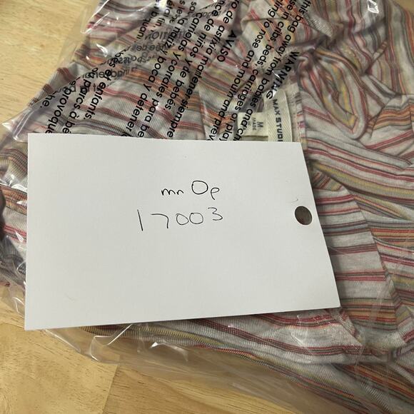 Max Studio blouse knit shirt top women's medium natural stripe tie front red tan - Picture 14 of 14